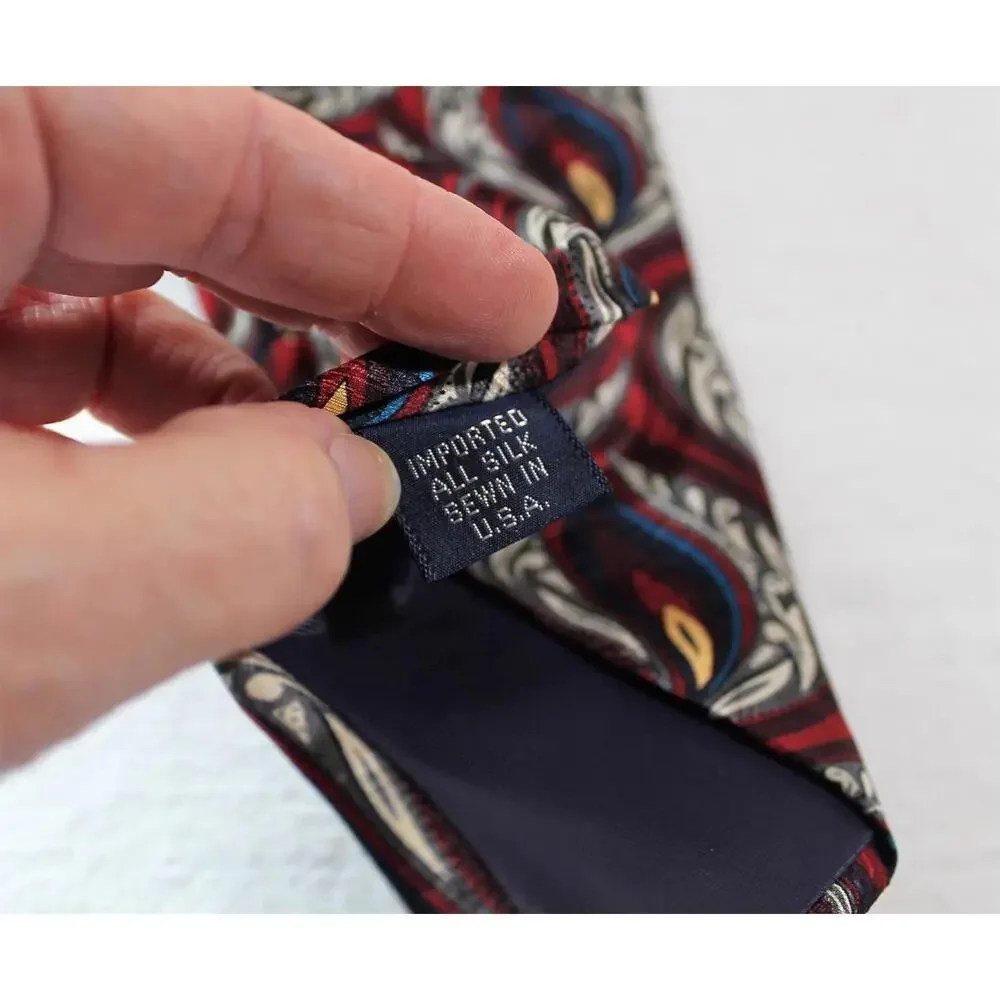 Vintage STUART HUGHES Silk Necktie, Maroon-Peacock Blue-Gold-White, 3.75 X 58
